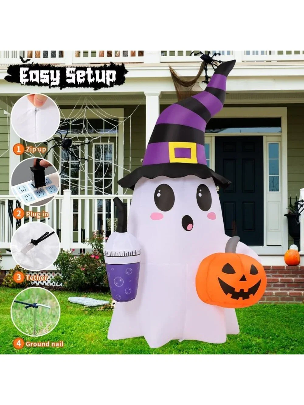 Cute Halloween Inflatable Ghosts with Magic Drinks & Pumpkin - LED Yard Decor